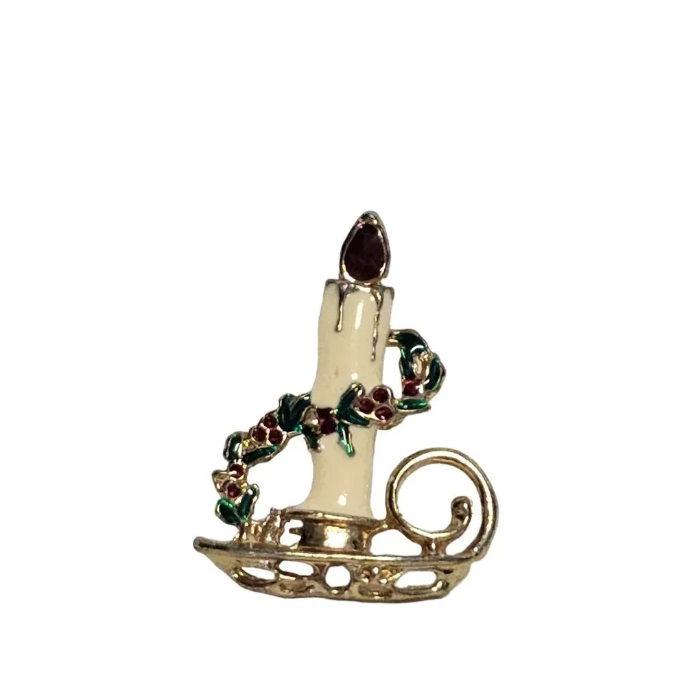 Vintage Holiday Christmas Enamel Candle white Green Red Pin‎ Brooch
